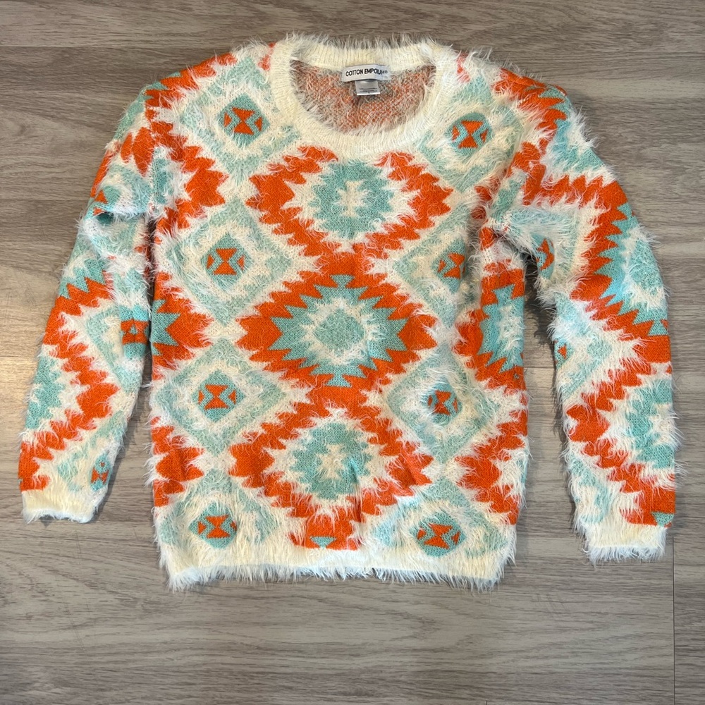 Fuzzy Aztec Pattern Sweater Small Orange Teal Cre… - image 1